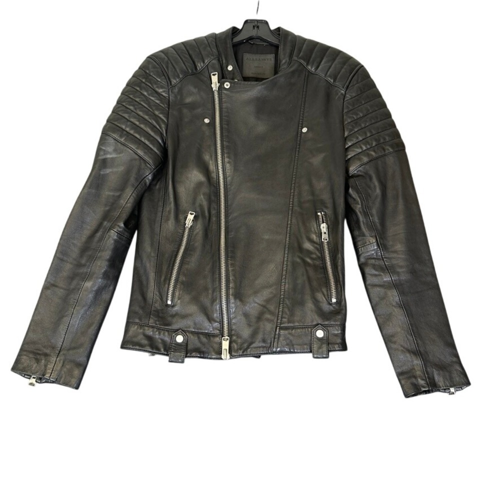AllSaints Jasper Black Leather Biker Jacket Moto Quilted Shoulder Slim Fit Small
